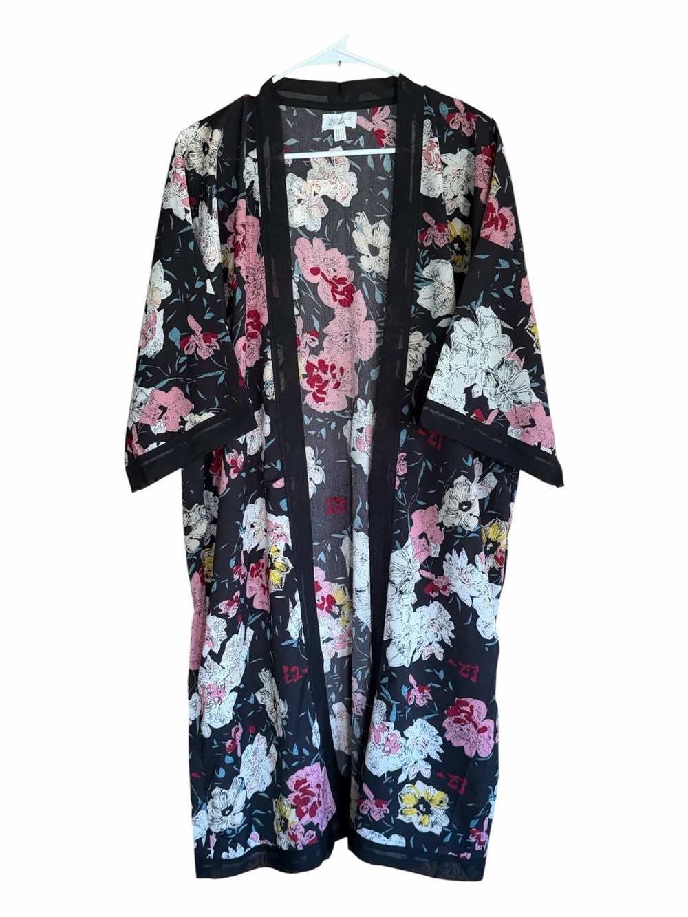 Floral Kimono Robe - Black with Pink & White Flowers